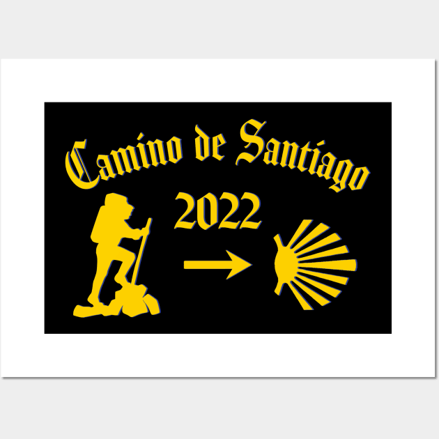 Camino de Santiago de Compostela male pilgrim 2022 with Yellow Arrow Scallop Shell Wall Art by Brasilia Catholic